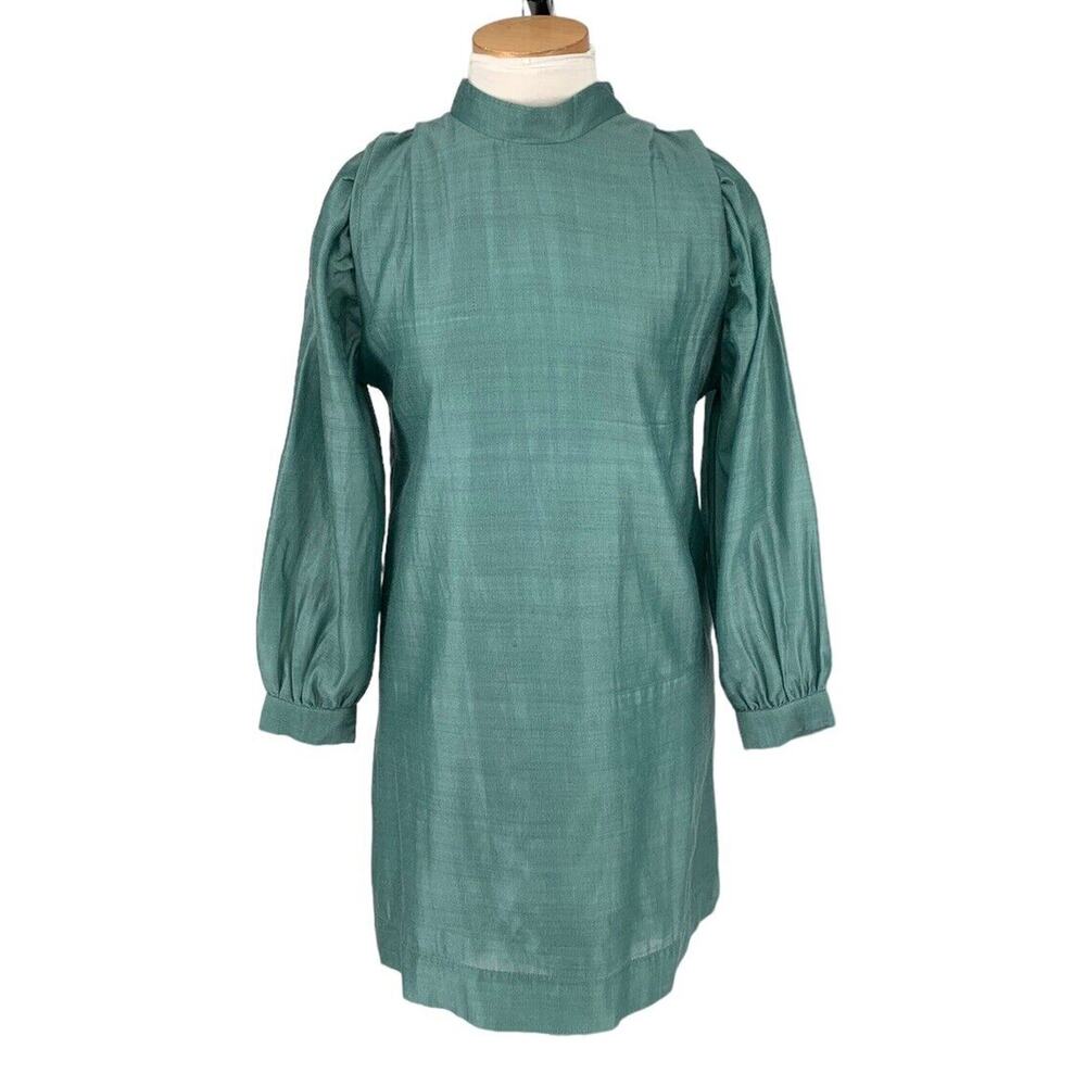 Mirth Handmade‎ Edition Silk Shantung Wool High Collar Shift Dress Green Small